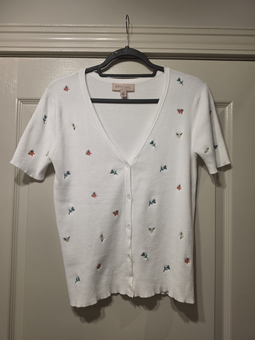 Philosophy White Ribbed Short-Sleeve Cardigan with Tiny Floral Embroidery